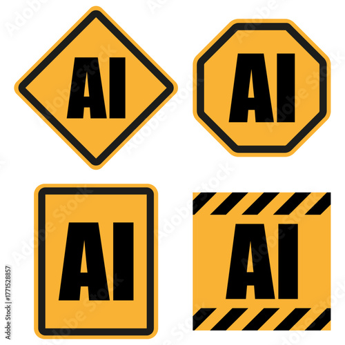 Warning signs featuring bold AI text in various shapes and colors for cautionary messaging