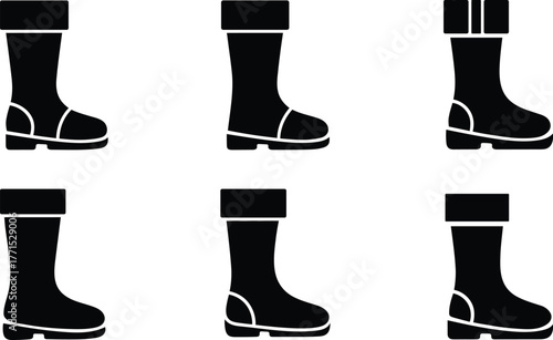 Set of six black rubber boots in various minimalist designs
