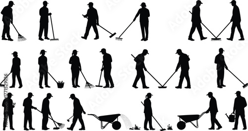 Silhouettes of people gardening with tools, outdoor landscaping activities, yard maintenance illustration, black outline design, abstract human figures in nature