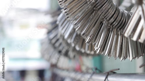 Bunch of blank metal key templates hanging in locksmith workshop reflecting light from nearby tools and workbench atmosphere. Handcrafted work.