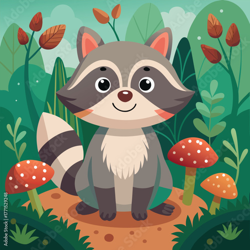 Adorable Raccoon Character in a Colorful Forest Scene adorable raccoon