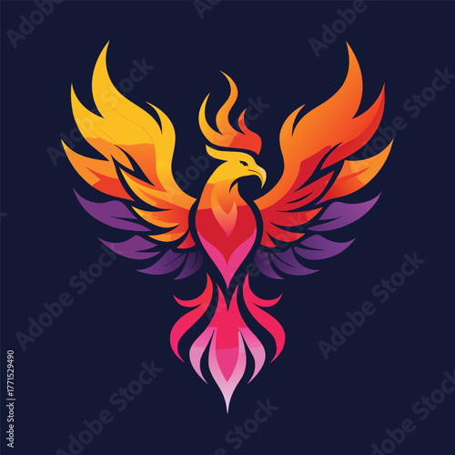 Colorful Phoenix Illustration with Wings Spread on Dark Background colorful