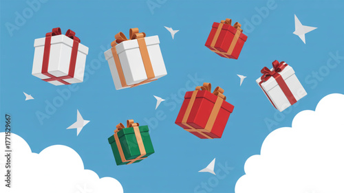 Assorted Gift Boxes Floating Against a Blue Sky with Clouds
