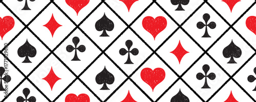 Playing card suits seamless pattern. Crayon drawn poker card suits background. Vector poker style wallpaper. Funky casino symbols vector illustration