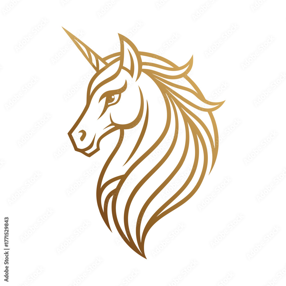 Fototapeta premium Golden unicorn head logo with elegant linear mane design style