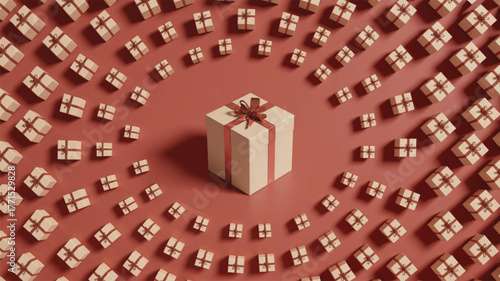 Central Gift Box Surrounded by Many Small Gifts on Red Background