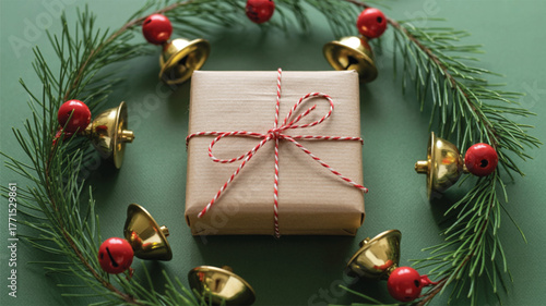 Christmas Gift Box Surrounded By Pine Branches And Bells