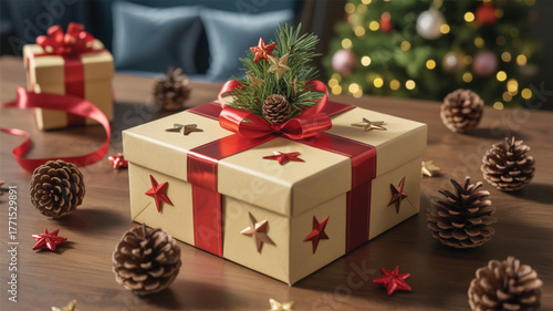 Christmas gift box with red ribbon and star ornaments