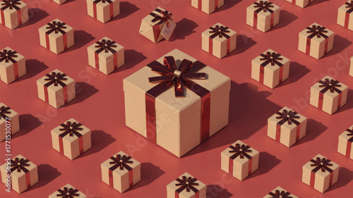 Cream Colored Gift Box with Red Ribbon Surrounded by Small Gifts