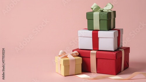 Gift Boxes in Various Colors with Ribbons on Pink Background