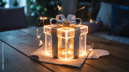 Glowing clear gift box with silver bow and sparklers on table