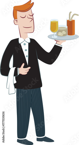 A young waiter holding a tray with drinks. Retro style illustration of a young waiter holding a tray with drinks.