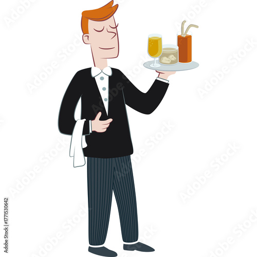 A young waiter holding a tray with drinks. Retro style illustration of a young waiter holding a tray with drinks.