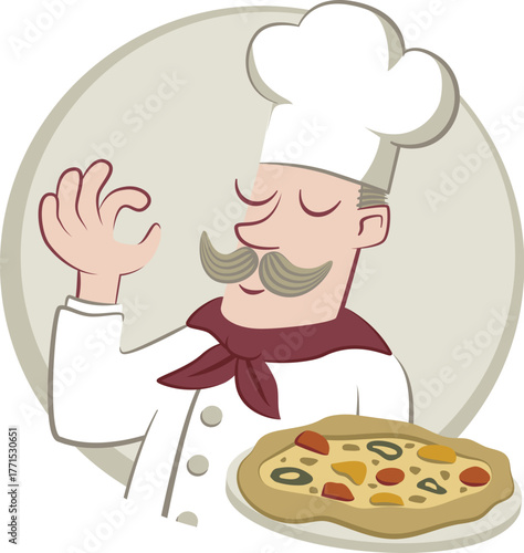 Chef standing holding a pizza. Retro style illustration of an Italian cook holding a pizza.
