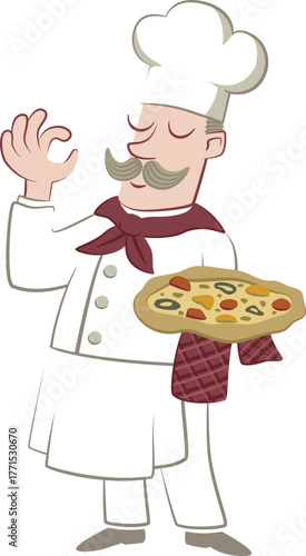 Chef standing holding a pizza. Retro style illustration of an Italian cook holding a pizza.
