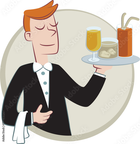 Portrait of a young waiter holding a tray of drinks. Retro style illustration of a young waiter holding a tray with drinks.