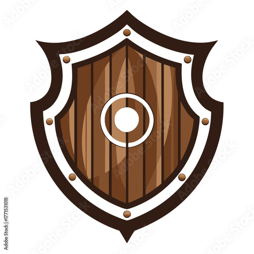 Illustration of a wooden shield with brown, white, and bronze details