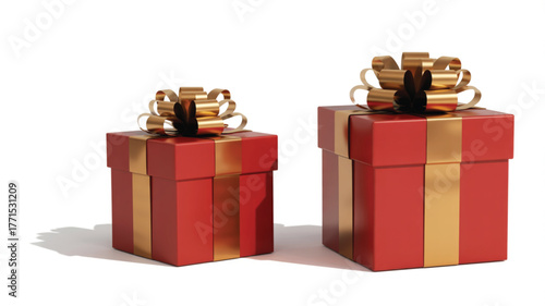 Two red gift boxes with gold ribbon and bows present