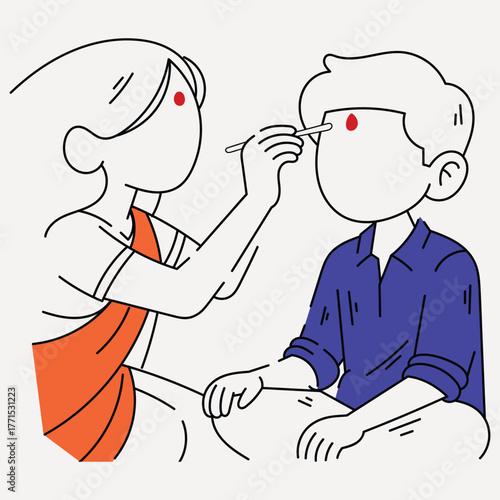 Illustration of an Indian sister applying tilak on her brother’s forehead during a traditional ritual, symbolizing love, protection, and cultural celebration of sibling bond.