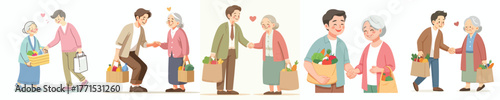 vector of a young man helping an old man carry his things