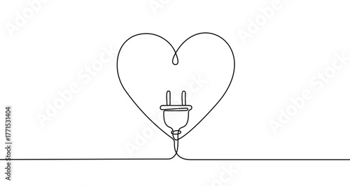 Electric plug in a heart shape in one line art style. Drawing of a power connector whose outline forms a heart symbol with editable black stroke on a white background. Vector illustration.