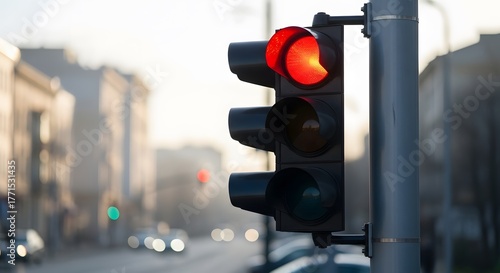 Close up photo of a red traffic light hanging from a pole on the right side of the road