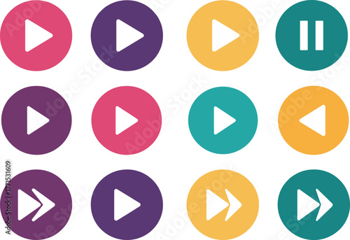 Media control icon set, colorful circular buttons with playback symbols, vector design for app, UI, and web templates