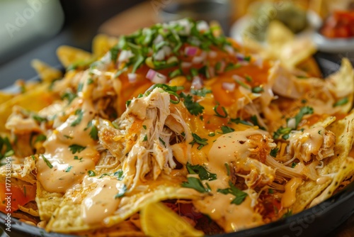 Delicious nachos topped with chicken and cheese