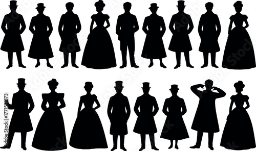 Silhouettes of men and women in vintage Victorian era clothing