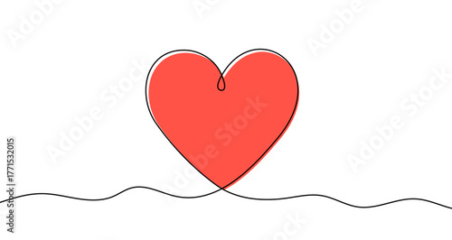 Red heart in one line art style. Drawing of a love symbol with editable black stroke and red fill on a white background. Vector illustration.