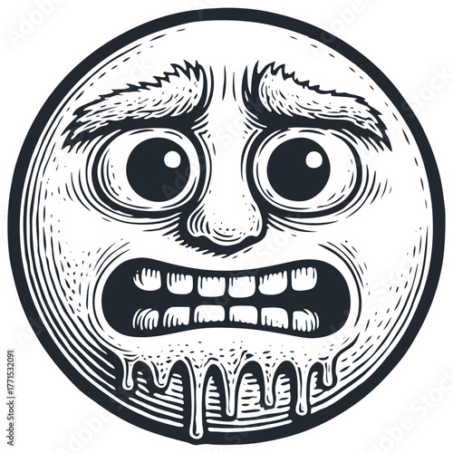 A terrified, freezing cold emoji face in a vintage woodcut or engraving style. Vector illustration of shock, horror, or extreme winter weather.