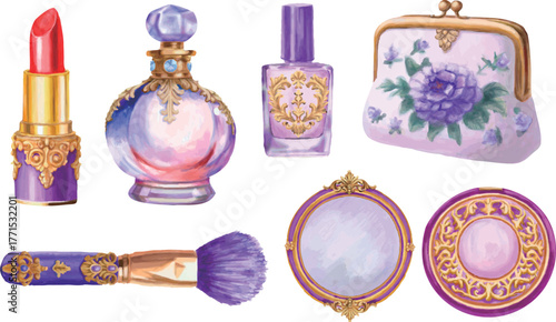 手描きの水彩絵の具で描いた紫系のコスメセット
