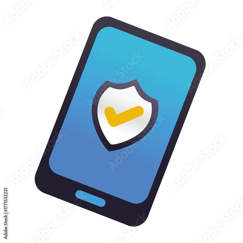 Mobile phone security protection icon, secure smartphone protection symbol, cellphone with shield sign vector illustration, isolated on white background