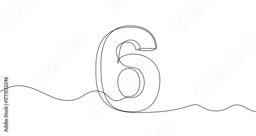Number "6" in one line art style. Drawing of the digit six with editable black stroke on a white background. Vector illustration.