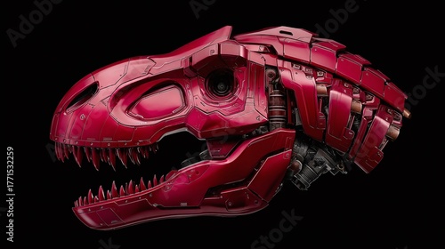 Metallic Crimson T-Rex: A striking blend of prehistoric power and futuristic engineering. The head of a fearsome mechanical predator, a testament to innovation.