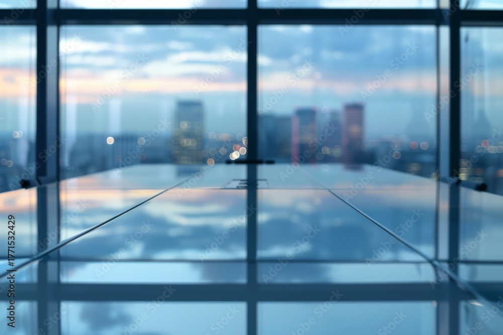 Fototapeta premium Modern office table with city view at dusk