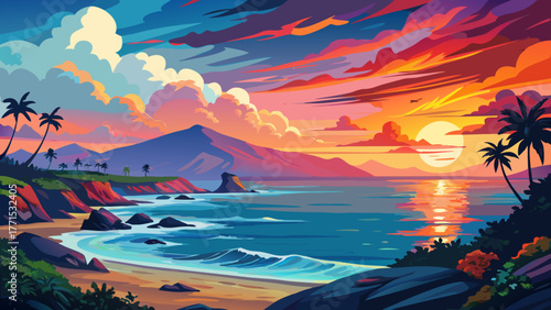 Very beautiful colorful sunset over the northwest coast of Maui, Hawaii, USA, featuring vibrant sky hues and Lanai Island in the background, calm ocean waves, and a serene tropical horizon.