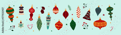 Christmas tree decorations, a set of Christmas ornaments on a mint background. Retro Christmas toys. Vintage New Year's decorations. Collection of New Year's decorations.