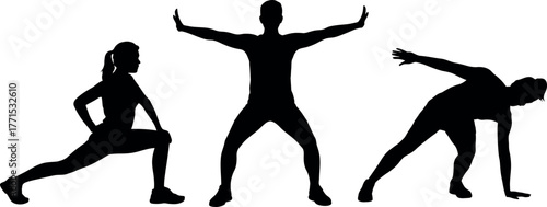 Silhouettes of people stretching and exercising against a white background