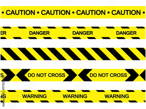 A set of yellow and black warning tapes featuring texts like "CAUTION," "DANGER," and "DO NOT CROSS." Perfect for creating borders, backgrounds, and safety-themed designs