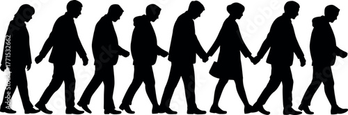 Silhouettes of People Walking and Holding Hands in Unity