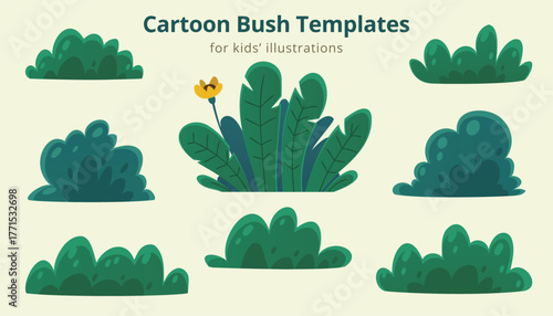 Vector Cartoon Artistic Abstract Bushes with Grass Collection Set for Kids Book Illustration Element