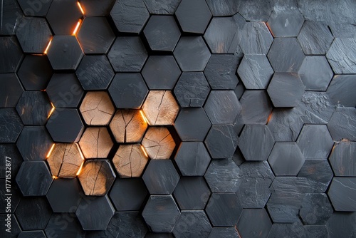 Hexagonal wooden tiles with glowing orange light cracks create futuristic textured wall design with mix of natural wood and dark stone elements, evoking warmth and modern style