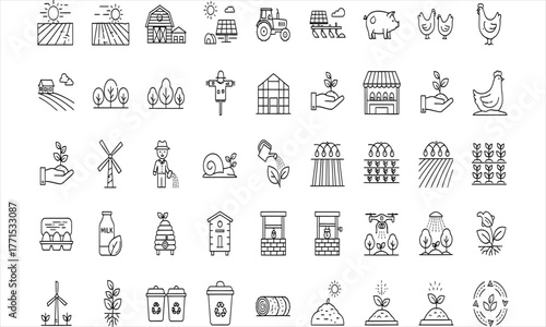 Farm life and agriculture icons representing rural activities, crops, animals, and farm buildings for agricultural concepts