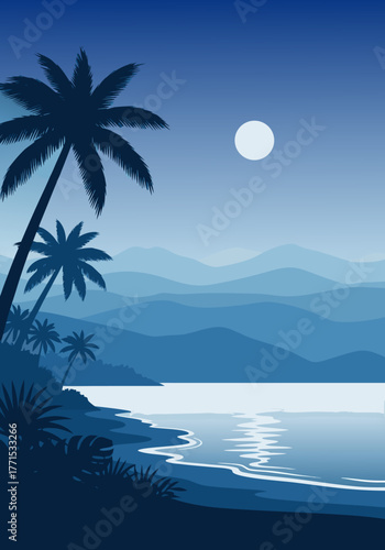Tranquil Tropical Night Landscape with Palm Trees by the Ocean, Moonlight Reflections on Calm Water, a Peaceful Vector Illustration