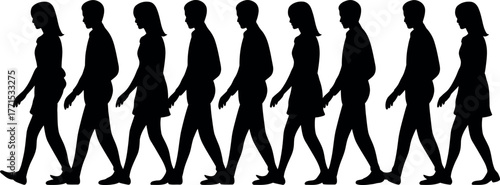 Silhouettes of people walking in a line business concept art