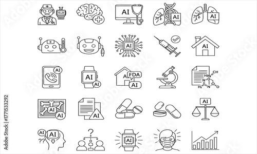 Collection of line icons representing artificial intelligence in medicine, digital healthcare technology, and scientific innovation