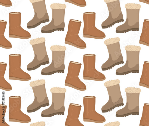 Seamless pattern of winter boots in beige and brown tones. Background with comfortable footwear designed for cold weather