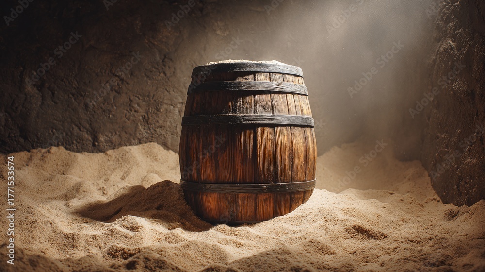 Fototapeta premium Wooden barrel on a sandy surface in a dimly lit space, evoking a sense of rustic storage and time-worn charm. The texture of the wood contrasts with the soft sand.