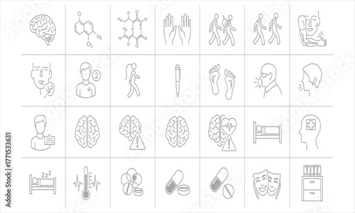 Mental health and neurology thin line icons set. Vector collection of symbols for depression, anxiety, and brain disease